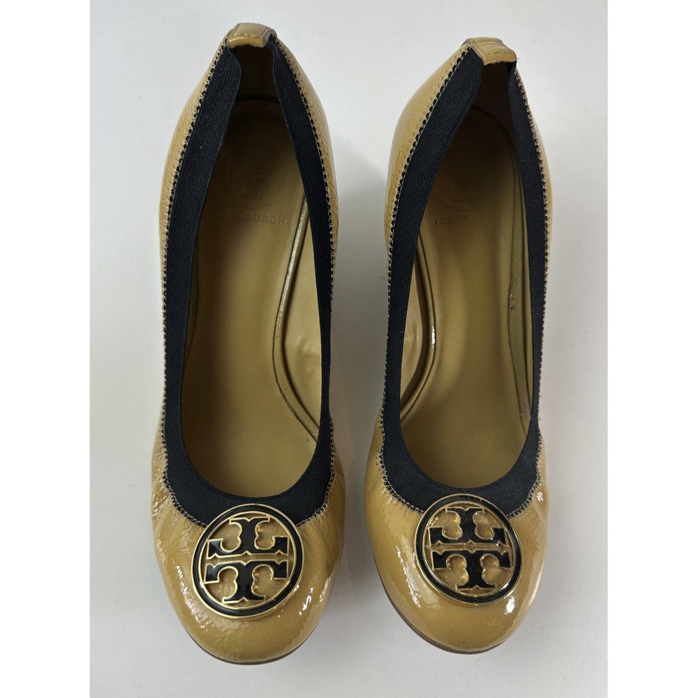 TORY BURCH Caroline Wedge Ice Coffee Black Leather Beige Women's Size 9 / 9M - Picture 4 of 16